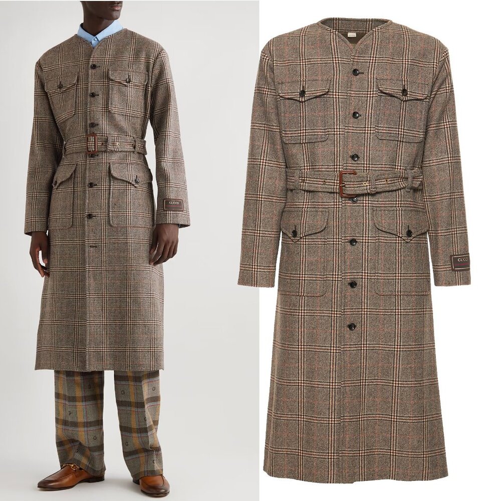 GUCCI COAT MENS BELTED PRINCE OF WALES CHECKED BROWN BEIGE WOOL sz 48